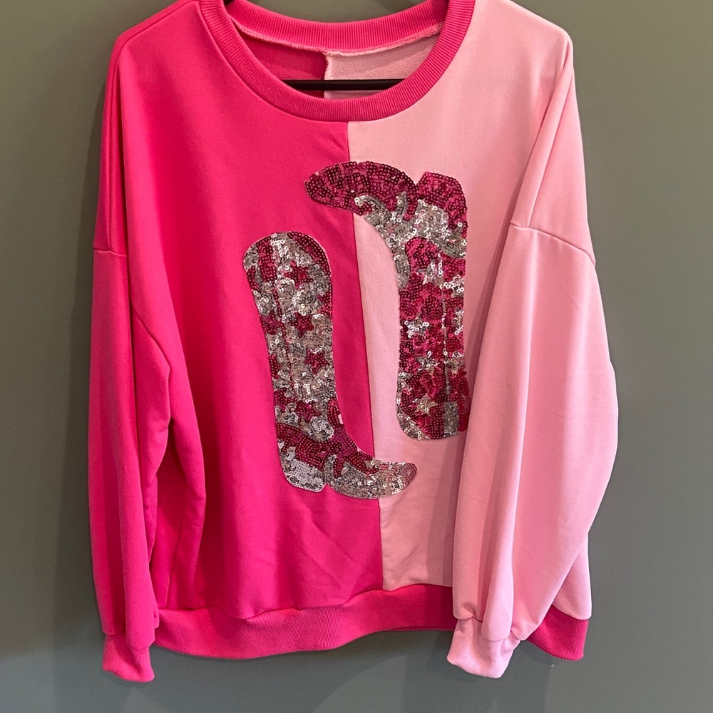 Pink Two-Tone Sequin Cowboy Boot Sweatshirt